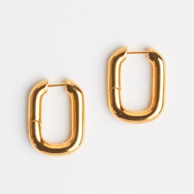 The Taryn | Gold Rectangular Hoop Earrings on white background