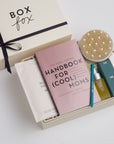 BOXFOX Gift Box filled with Handbook for (Cool) Moms, Le Pen Teal Pen, Mother Mother Belly Oil, HATCH Belly Sheet Mask, and Skön Round Dry Brush