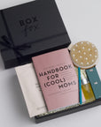 BOXFOX Gift Box filled with Handbook for (Cool) Moms, Le Pen Teal Pen, Mother Mother Belly Oil, HATCH Belly Sheet Mask, and Skön Round Dry Brush