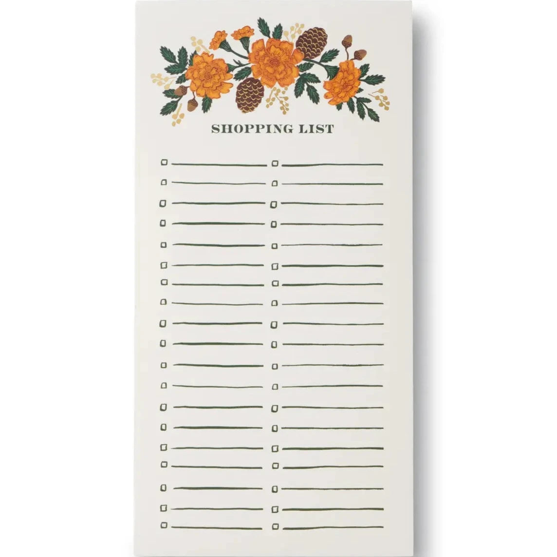 Shopping list notepad with two checklists and fall floral print at the top 