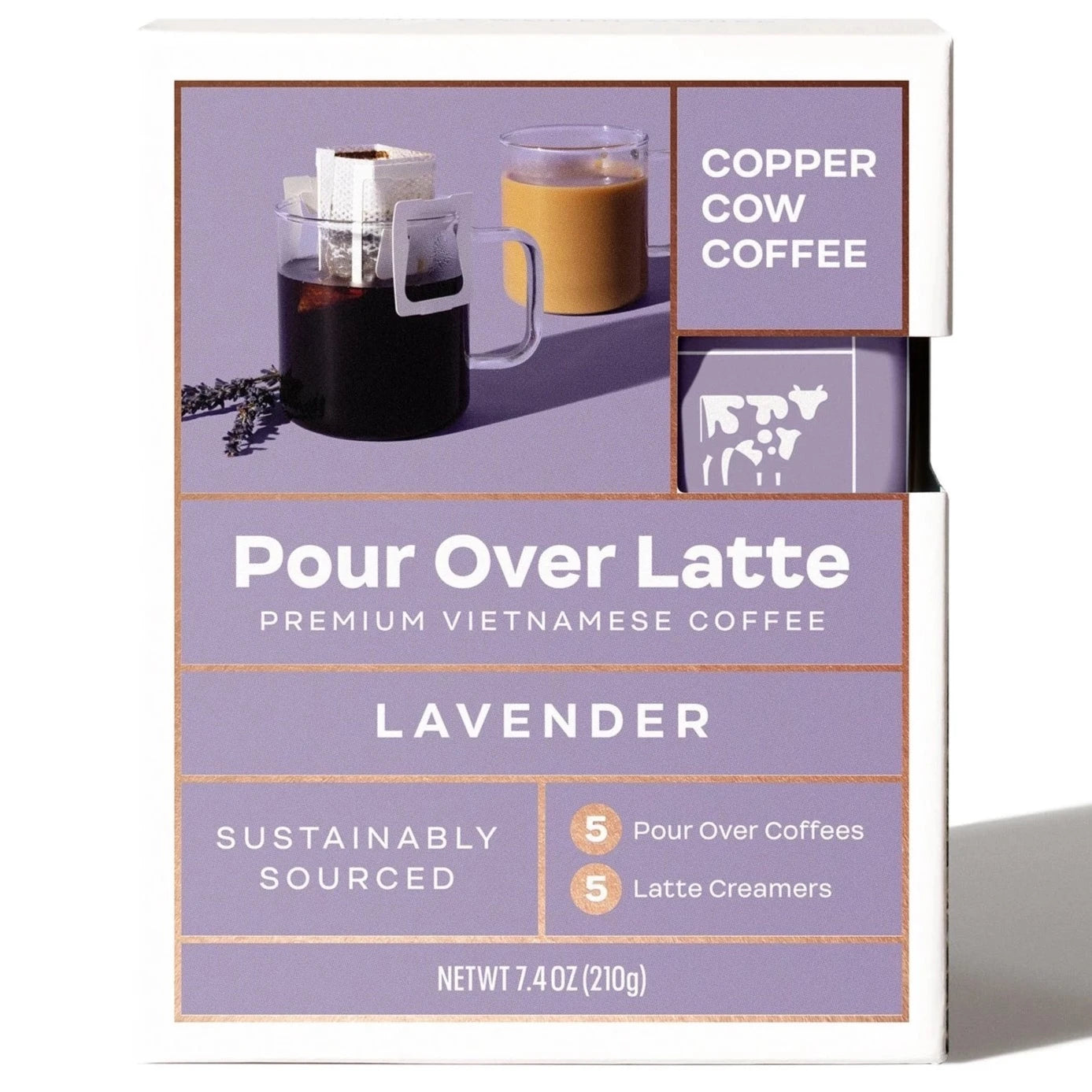 Purple box with white text. box shows lavender pour over coffee