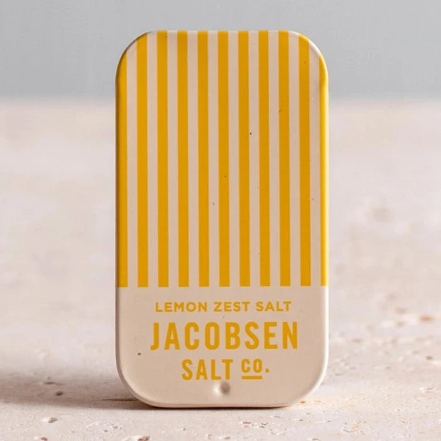 beige and yellow stripped mini sea salt tin