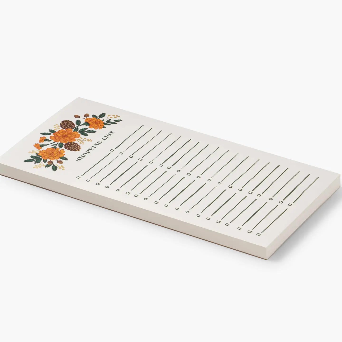 Shopping list notepad with two checklists and fall floral print at the top 