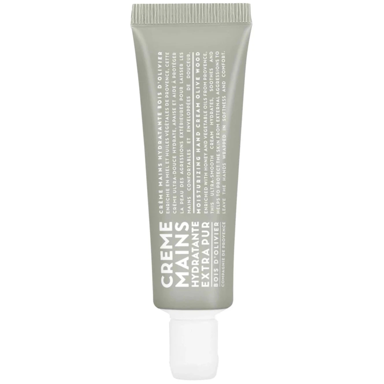 grey tube with white text and white cap for the Olive wood travel hand cream