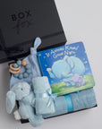 BOXFOX New Baby Boy Box including a swaddle, bunny soother, teether, hat, and book.