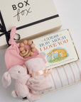 BOXFOX New Baby Girl Box including a swaddle, bunny soother, teether, hat, and book.