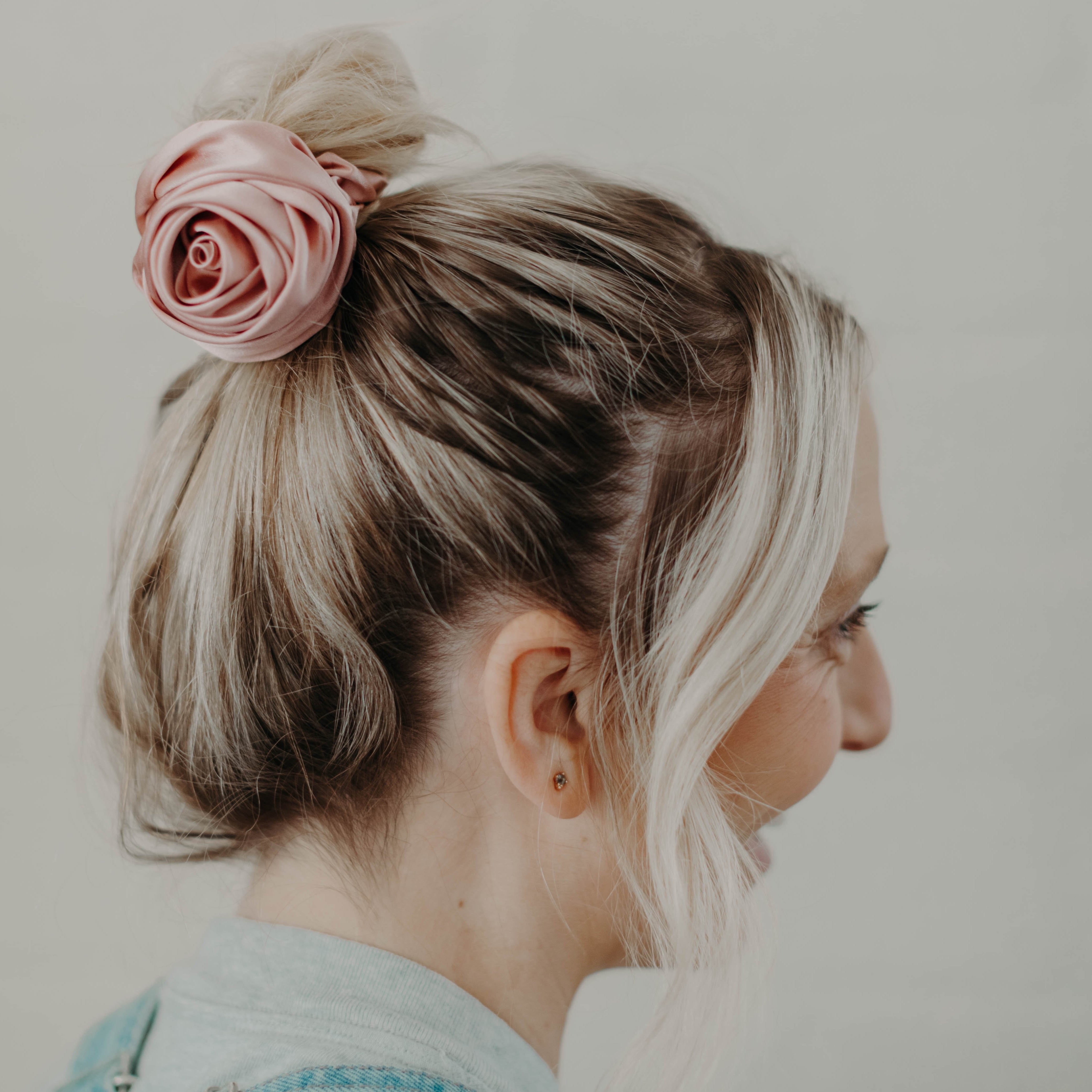 silk rose scrunchie in blonde hair