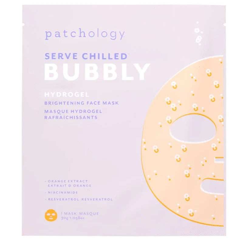 Square, light purple envelope with graphic of the Bubbly Hydrogel Face Mask on the right side. Text on packaging reads,"patchology Serve Chilled Bubbly Hydrogel Brightening Face Mask -Orange Extract -Niacinamide -Resveratrol 1 Mask 30g 1.058oz". Photographed on white background.