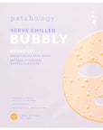 Square, light purple envelope with graphic of the Bubbly Hydrogel Face Mask on the right side. Text on packaging reads,"patchology Serve Chilled Bubbly Hydrogel Brightening Face Mask -Orange Extract -Niacinamide -Resveratrol 1 Mask 30g 1.058oz". Photographed on white background.