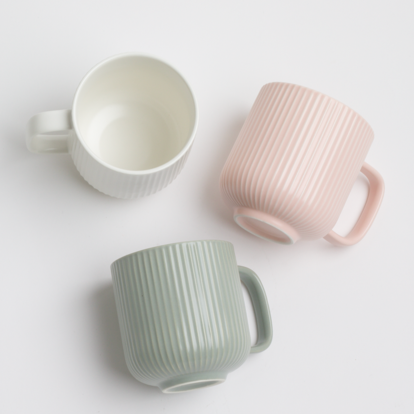 3 Ribbed Mugs: White, Baby Pink, & Sage Green